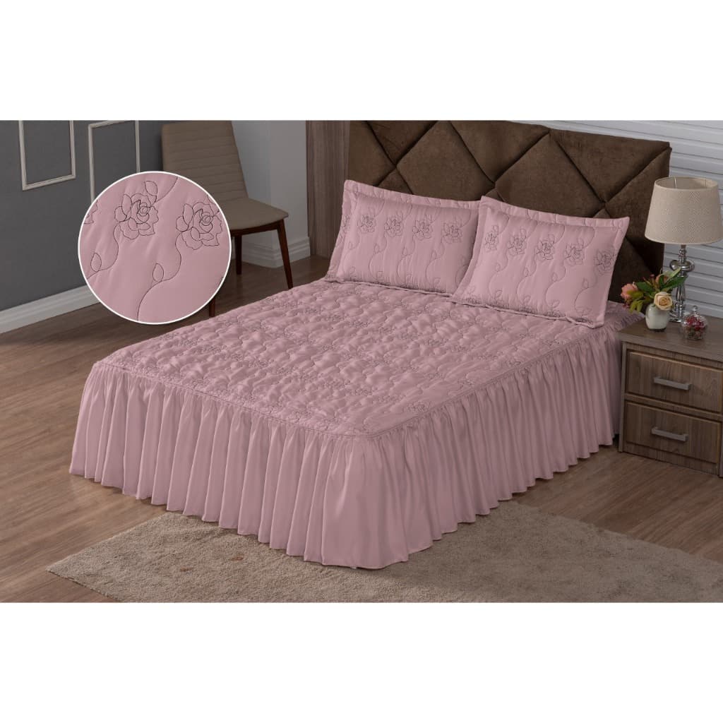 Cobre Leito Colcha Casal Com Babado Toda Bordada 3 Peças Jogo de Cama Casal - Promoção