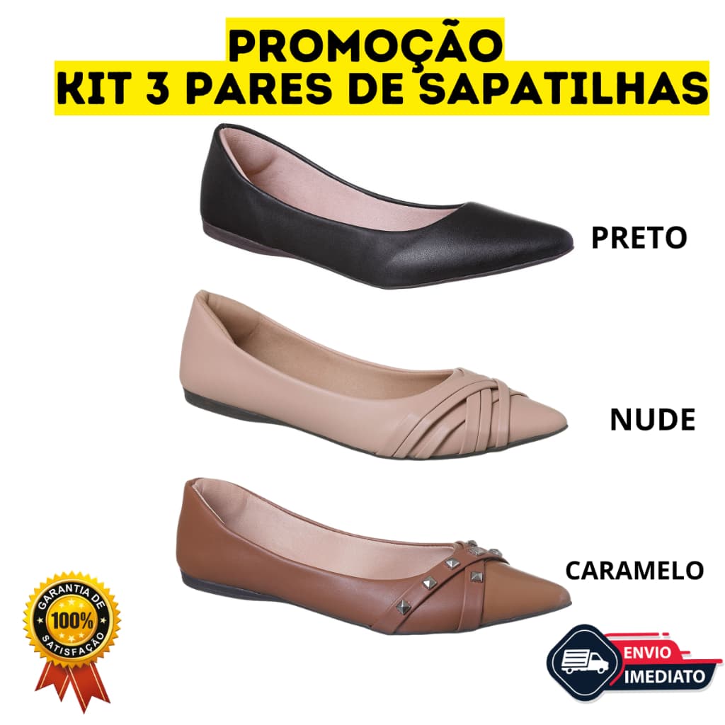 Kit 3 Pares De Sapatilhas Femininas Bico Fino Feminino Confortável Em Promoção