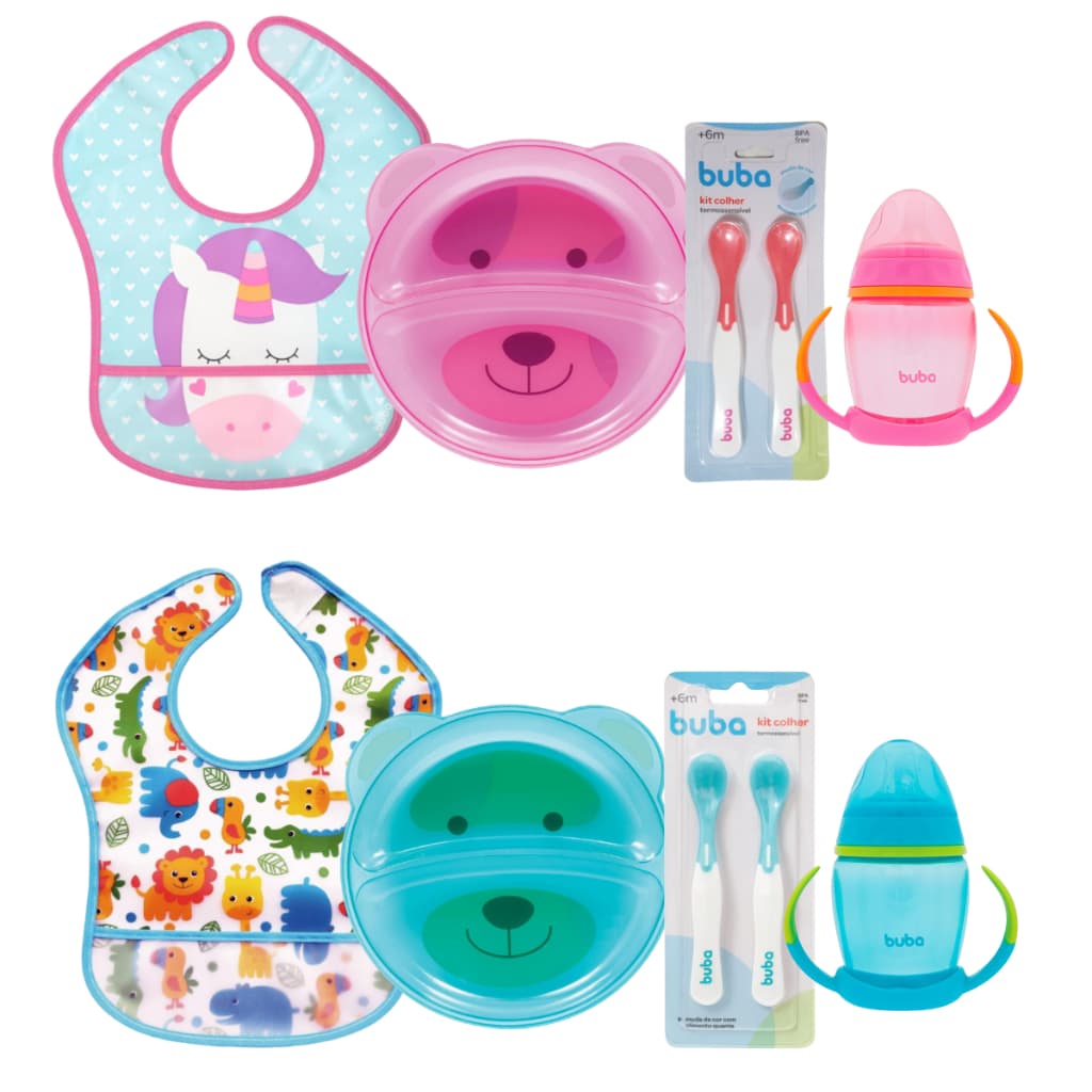 Kit Introdução Alimentar Buba Prato Copo Treinamento Colher Bebê Babador Kit Alimentação Bebê Buba