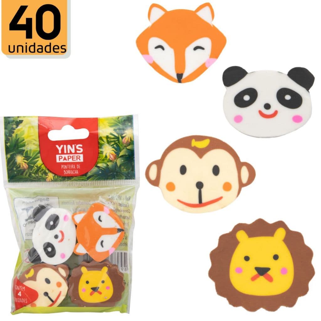 40 Borrachas Escolar Ponteiras Yins Bichinhos Raposa Panda leão Macaco YINS PAPER