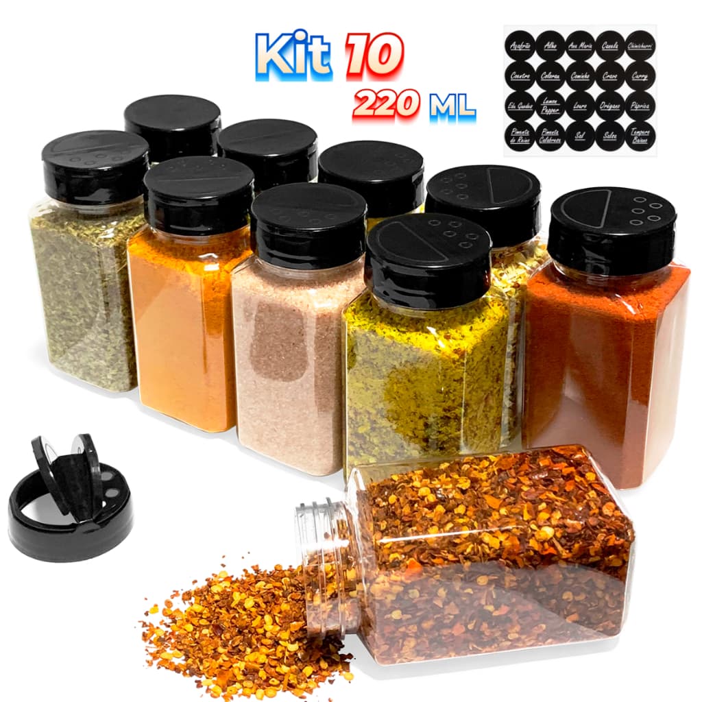 Conjunto de 10 Potes para Temperos Condimentos Sal Parrilha 220ml Tampa Dupla Reforçada + Etiquetas