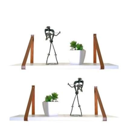 Kit 2 Prateleiras MDF Branca Premium 60x20 cm Suspensa alças couro P/ Organização De Ambientes