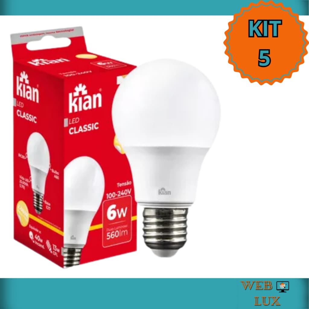Kit 5 Lampada LED 6w Bivolt Base E27 Luz  Amarela 3000k Economica Lâmpada LED Bulbo 6W 3000K Luz Amarela E27 Bivolt Econ