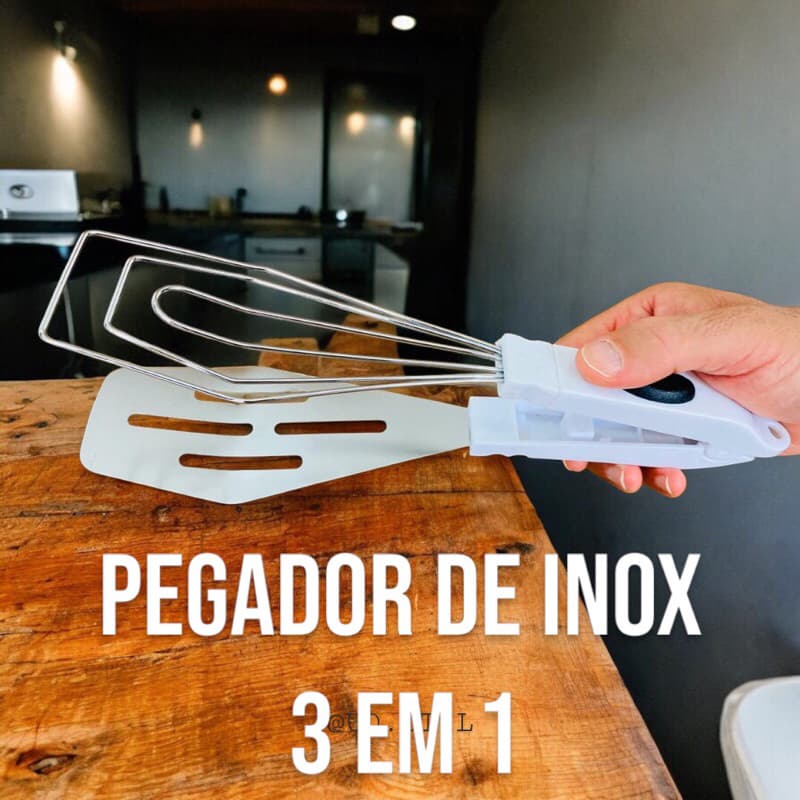 Pegador Espátula Escumadeira 3 Em 1 Multiuso Em Inox