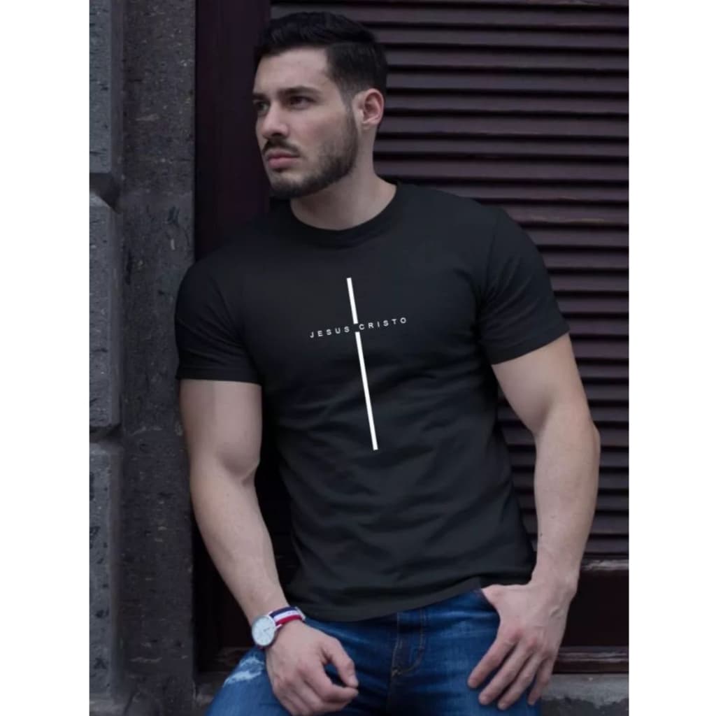 Camiseta Preta Masculina Jesus Cristo 100% Algodão Básica Penteada