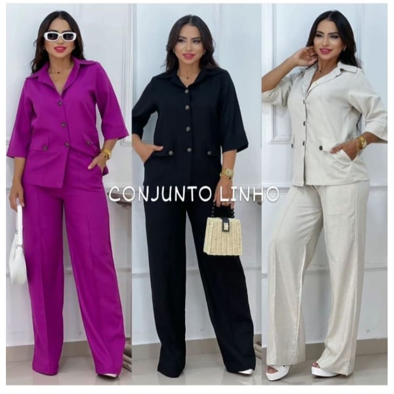 conjunto em linho, camisa botões manga ¾