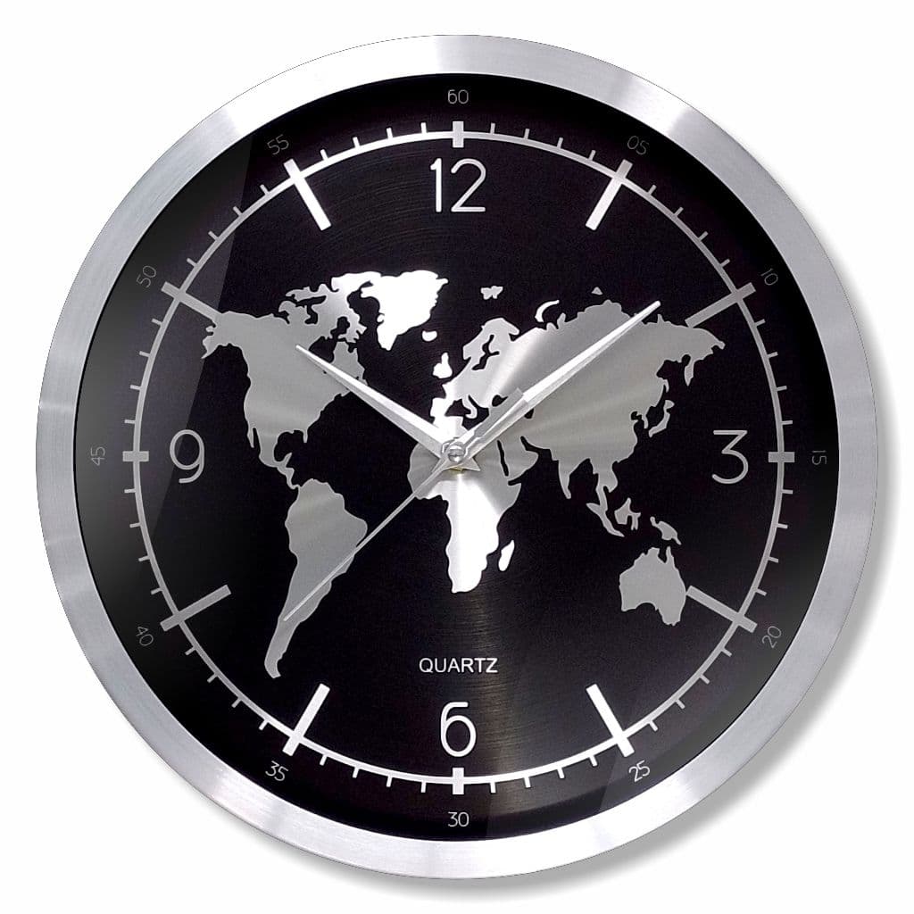 Relogio Parede Preto Mapa Mundi Aluminio Escovado Grande Escritório Decorativo Cozinha Sala 30cm