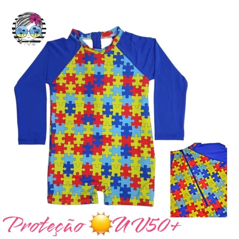 Roupa de Praia Macacão Autismo Infantil Proteção Solar UV50+ Piscina Forrado Zíper nas Costas