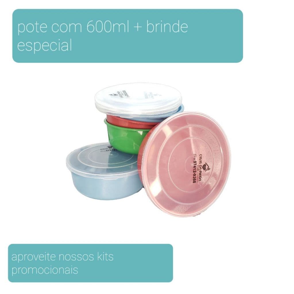 KIT COM 4 POTES/VASILHA PLÁSTICA COM TAMPA 600ML PARA ARMAZENAR ALIMENTOS