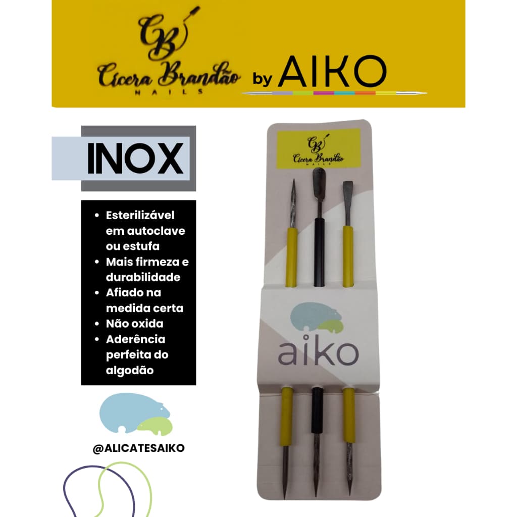 Cicera Brandão by Aiko 3 instrumentos Inox Manicure Pedicure Espátula, Palito, Desencravador, Bastão
