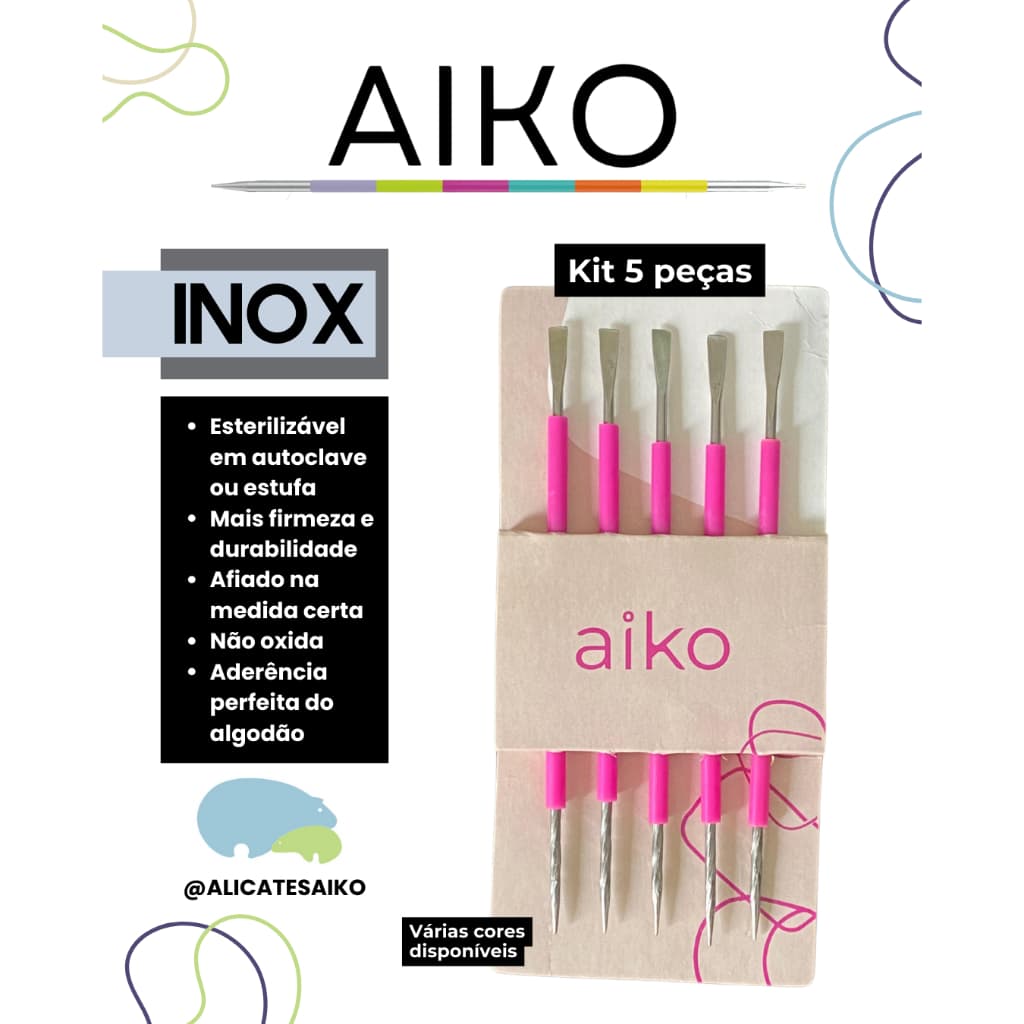 Kit Empurrador Com Palito Revestido Em Silicone Aiko - manicure - palito inox - espátula