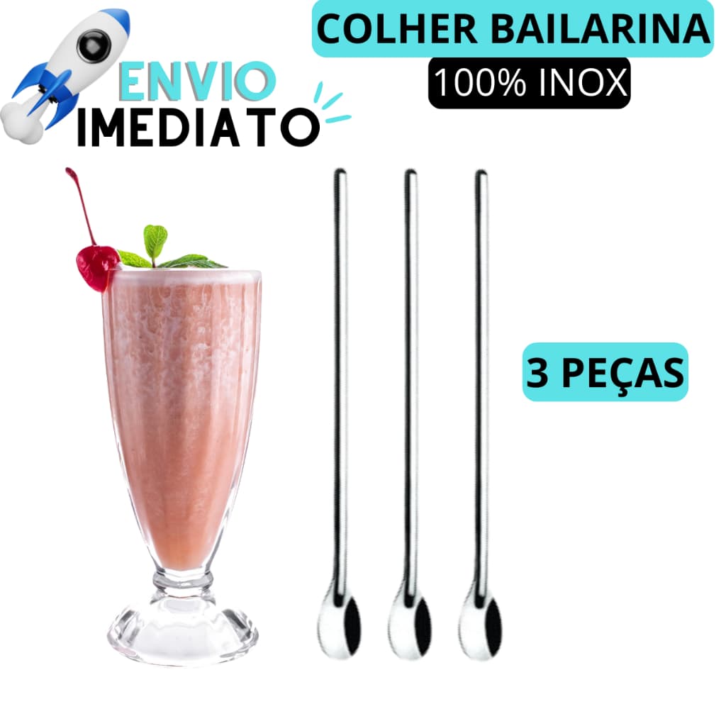 KIT 3 Colher Bailarina Colher de Suco Drinks Milkshake Colher Longo Alcance 30cm Barman Bartender Hoteis Restaurantes