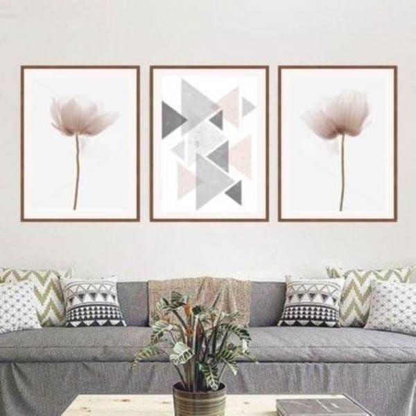 Kit Quadros Decorativos 3 Peças Flor Rosa Abstrato Pintura Arte Triângulo