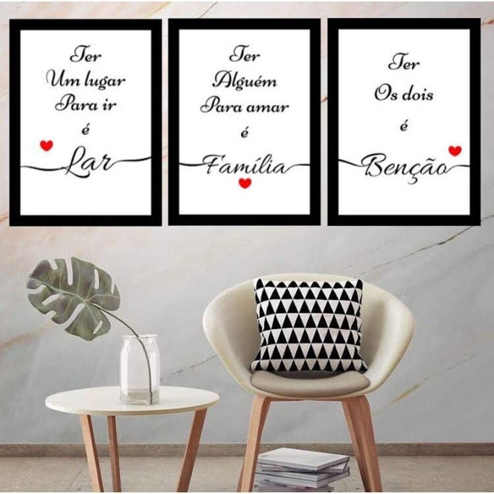 Kit Quadros Decorativos Família Lar Benção Coração Frase Amor Religião Deus Ter um Lugar Casa