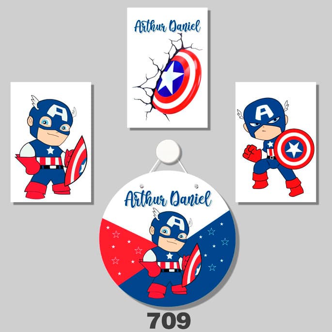 Kit Bebê Quadros Decorativos Criança Berçário Porta de Maternidade  Capitão América Heróí Vingadores