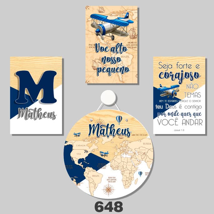 Kit Bebê Quadros Decorativos 4 Peças Avião Viagem Criança Férias Turismo Porta Maternidade