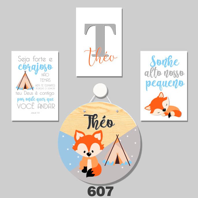 Kit Bebê Quadros Decorativos 4 Peças Raposa Raposinha Acampamento Floresta Sonhe Alto Criança
