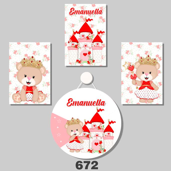 Kit Bebê Quadros Decorativos Criança Berçário Porta de Maternidade Ursinha Princesa Rosa Castelo