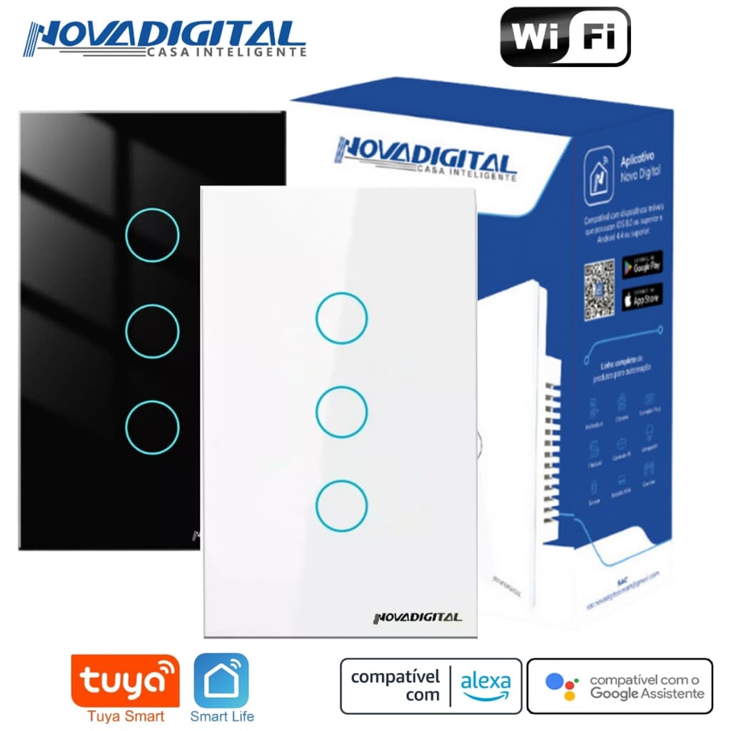 Interruptor Inteligente Wi-Fi Tuya Nova Digital de 3 Botões LT