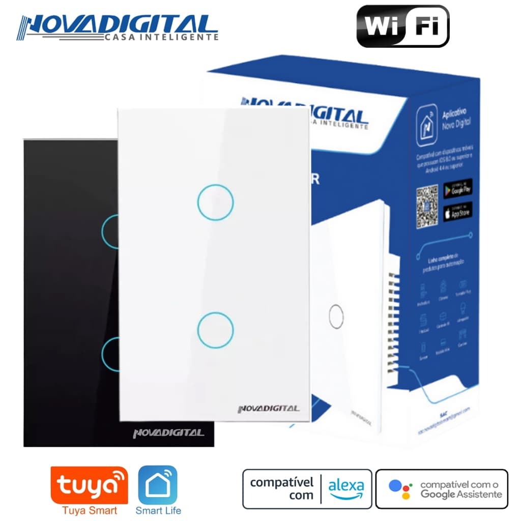 Interruptor Inteligente Smart Wi-Fi de 2 Botões Tuya Nova Digital - Compatível Alexa e Google Home