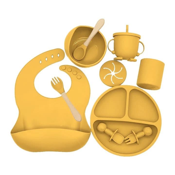 Kit 8 Peças de Talheres de Silicone MOSTARDA para Bebês e Crianças Introcução Alimentar