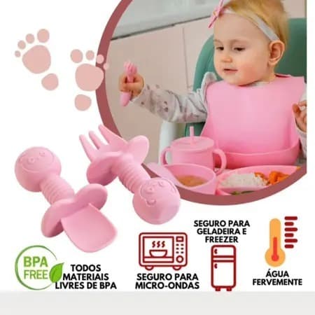 Conjunto Kit de Alimentação para Bebês de Silicone 8 Peças Prato Babador Copo Tigela Talheres Bebê Criança