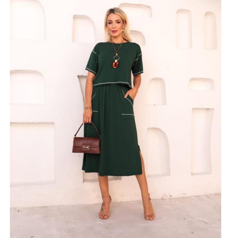 Conjunto Midi Saruel Saia e Blusa manga Curta Moda Evangelica