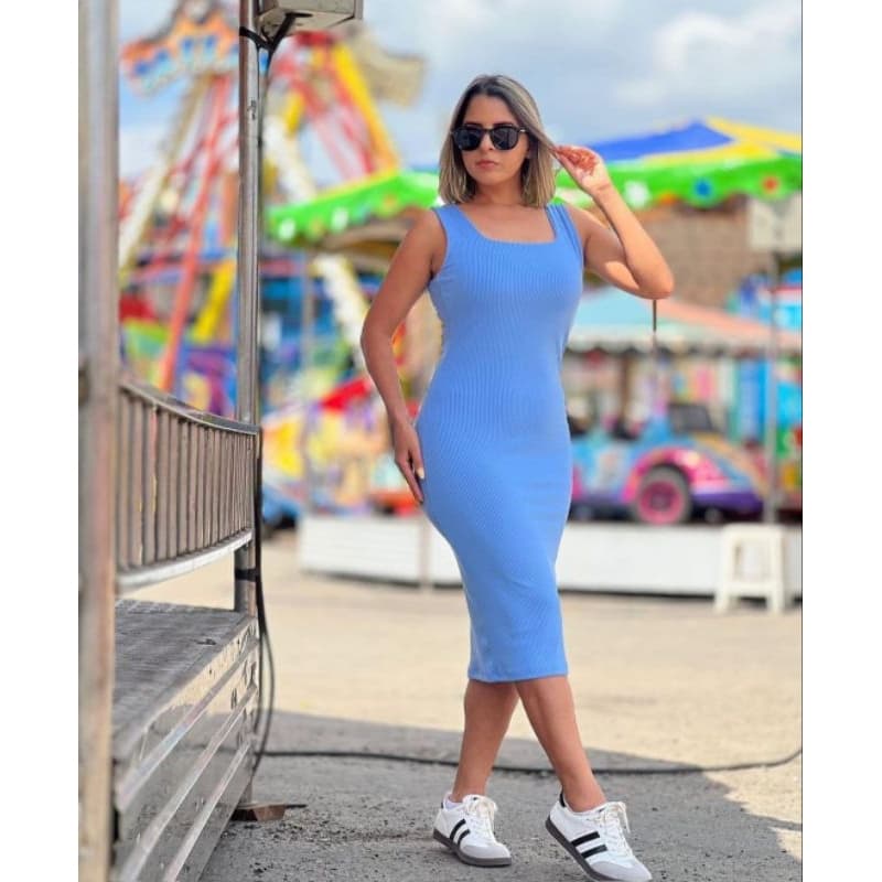 Vestido Midi Basico Canelado Com Decote Quadrado Vestido Casual De Primavera TU Feminino