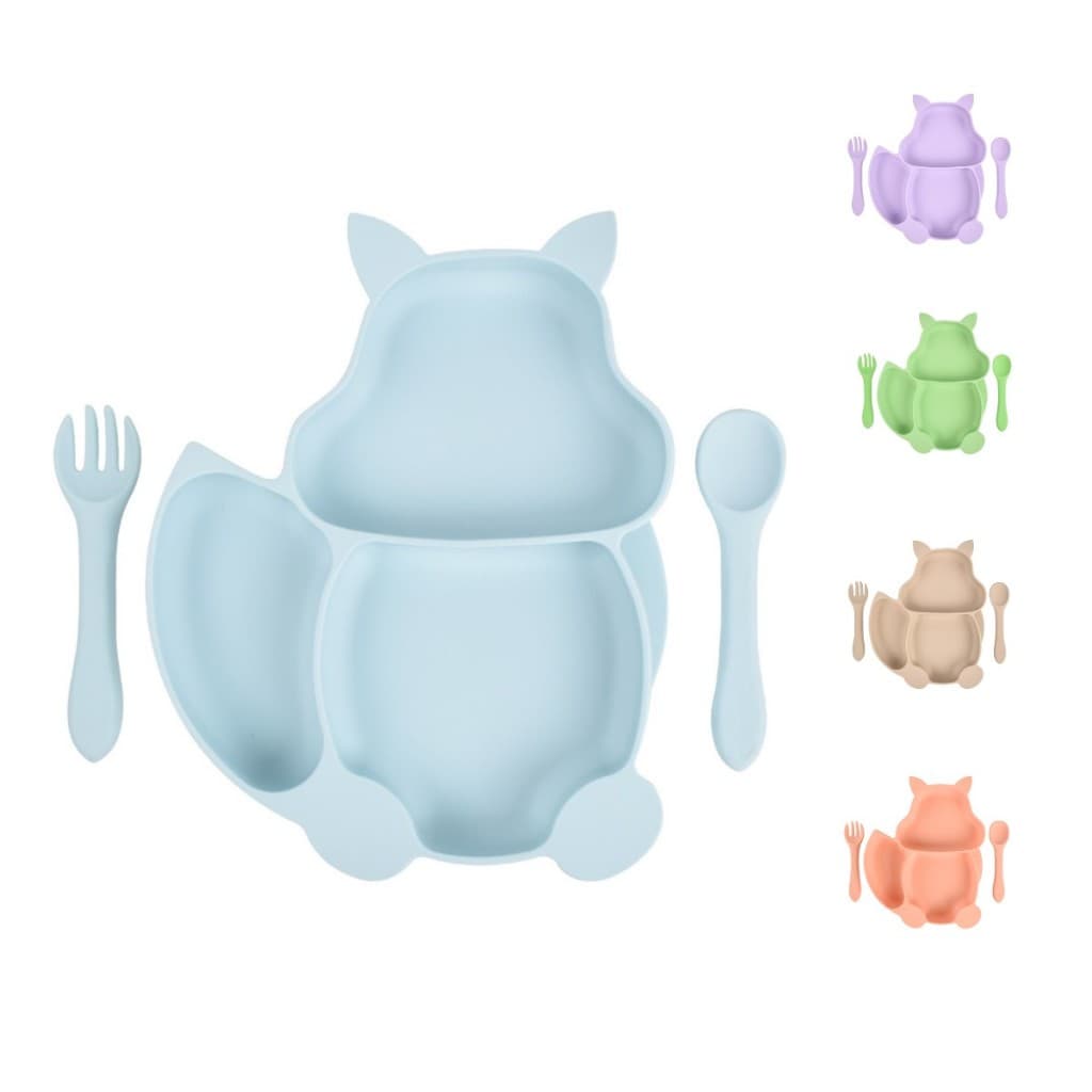 Prato Infantil Gato Divisórias Ventosa Talher Garfo Colher 100% Silicone Alimentar Micro Não Quebra