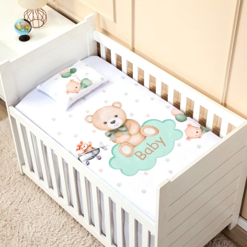 Jogo de lençol Urso Baby berço americano nacional 3 peças estampado baixo com elástico cima fronha