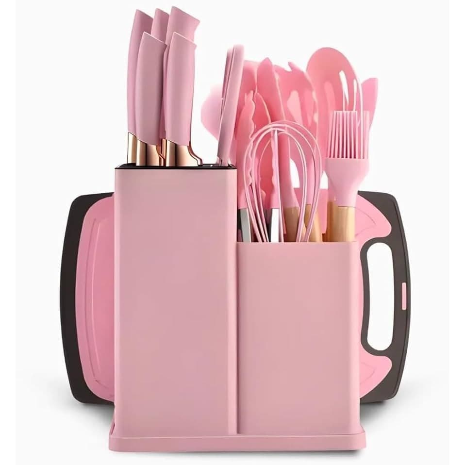 Kit Conjunto 19 Peças De Utensílios Domestico ROSA Facas Silicone Cozinha Jogo Completo  Premium Pink