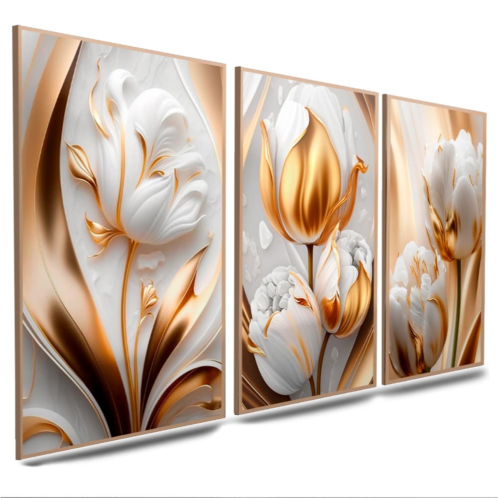 Kit Quadros Decorativos 3 Peças Flores Douradas Luxo Para Sala Quartos Tulipas Brilhantes Importada 120x60cm (010 bd)