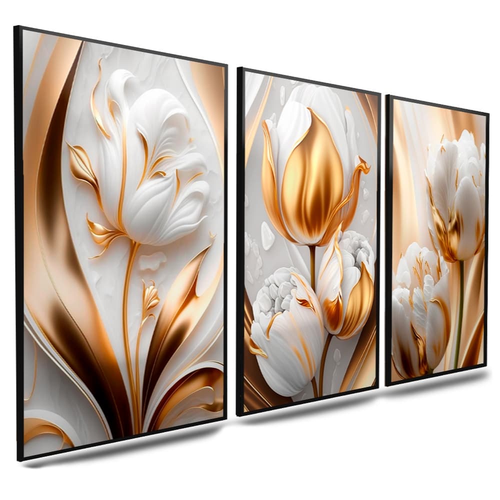 kit quadros flores tulipas brilhantes luxo gold tulipas douradas 3 peças varios tamanhos (010 B/PRETA)