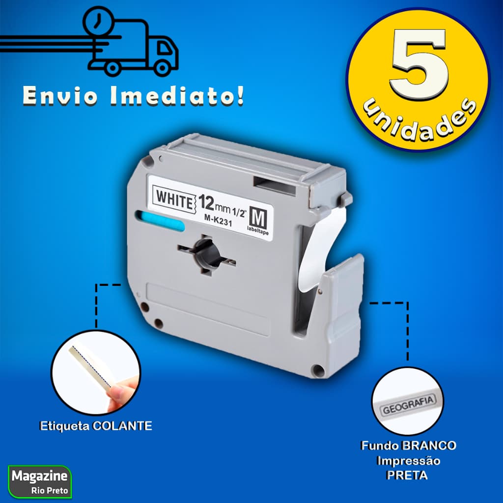 Kit 5x Fita Compatível MK 231 Branca 12mm x 8m Rotulador Pt-70 Pt-80 Pt-90
