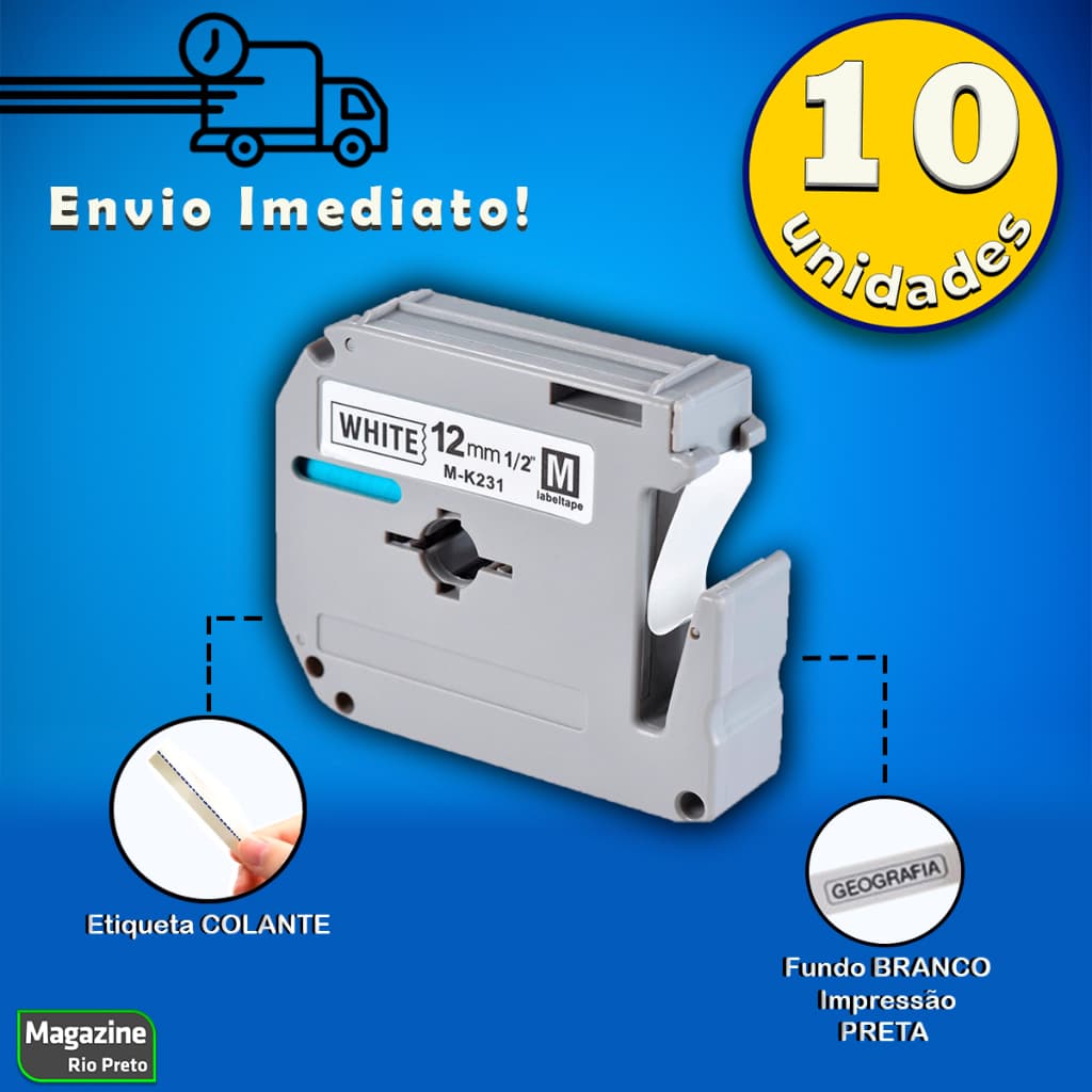 Kit 10x Fita Rotuladora Compatível MK 231 Branca 12mm x 8m Rotulador Pt-70 Pt-80 Pt-90