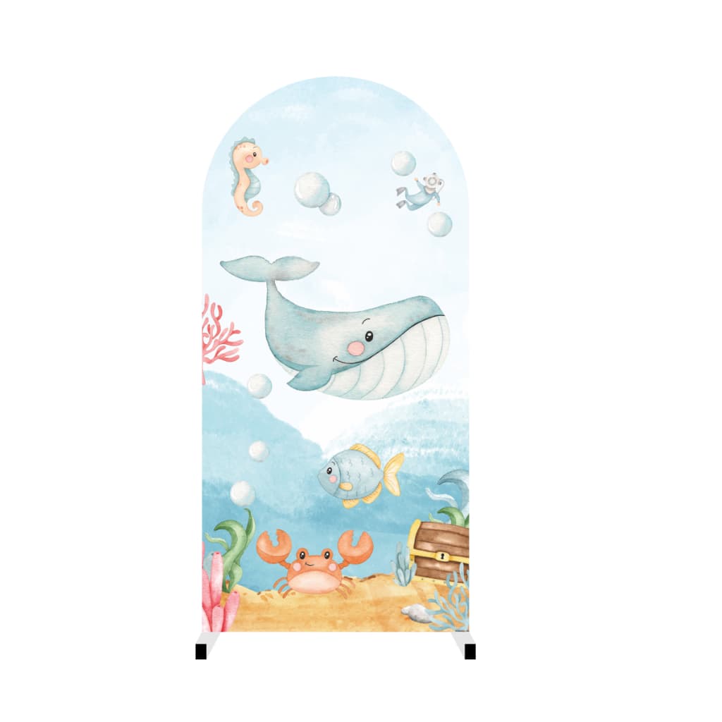 Capa Para Painel Romano Arco 3d Sublimado Em Tecido Com Elástico 2x1m Fundo do Mar Aquarela