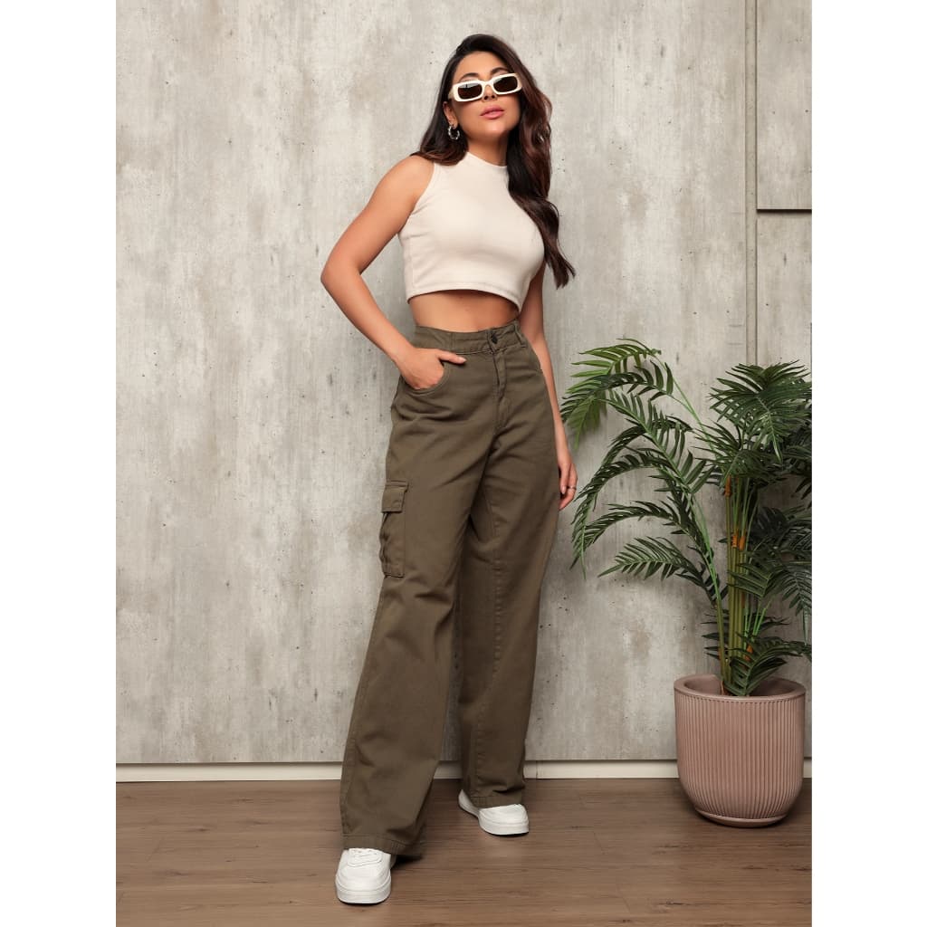 Calça Cargo Jeans Feminina Wide Leg PantalonaModa Casual Blogueirinha