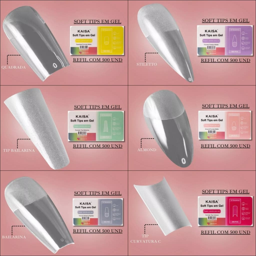 Unhas Postiças Soft Tips em Gel KAISA - 500 Unhas, 6 Formatos Realistas, Ultra Finas e Flexíveis