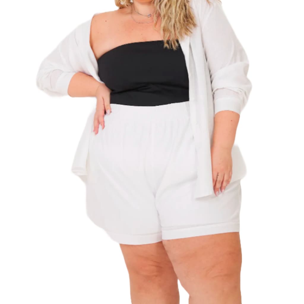 Shorts Feminino Plus Size Malha Grossa Curto cintura alta com elastico e bolsos Branco 46-60