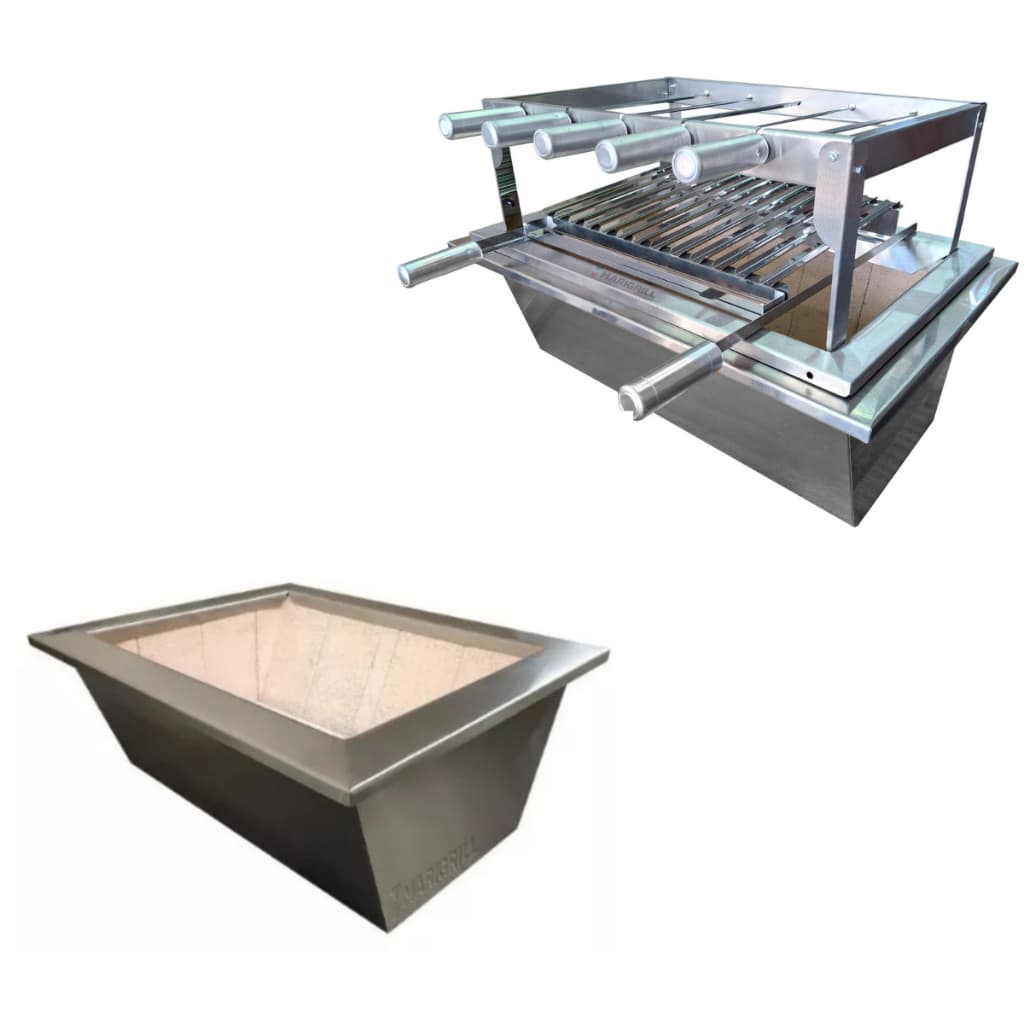BRASEIRO + SUPORTE 5 ESPETO E GRELHA ARGENTINA PREMIUM EM INOX #304 COM MANTA TÉRMICA E REFRATÁRIO 71x50cm