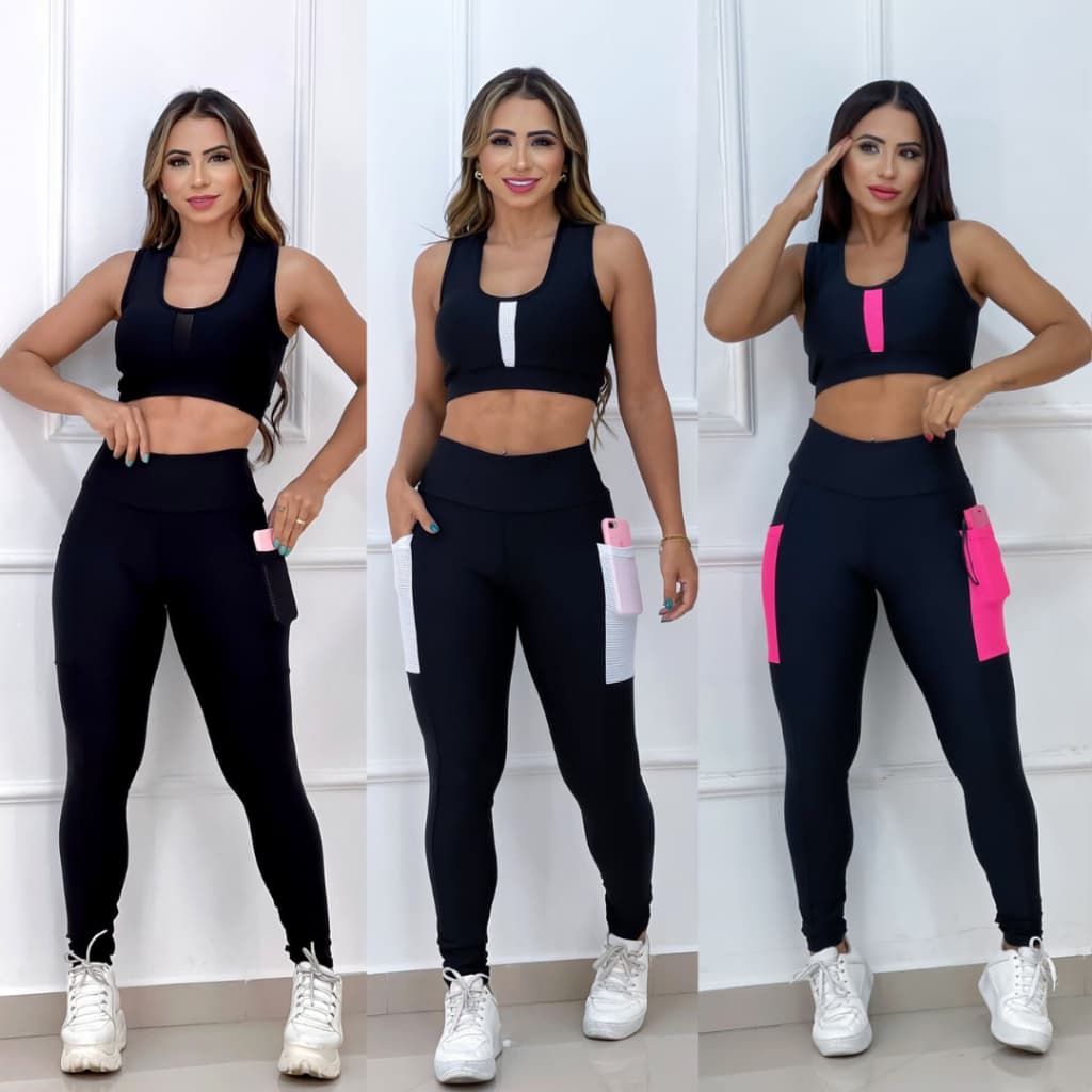 Conjunto Fitness Top + Calça Legging Com Bolso em Suplex Cintura Alta - Moda Academia Feminina