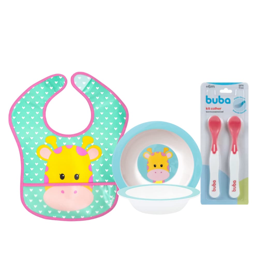 Kit Introdução Alimentar Buba Bowl Babador Impermeável  2 Colher de Treinamento Kit Alimentação Bebê Buba