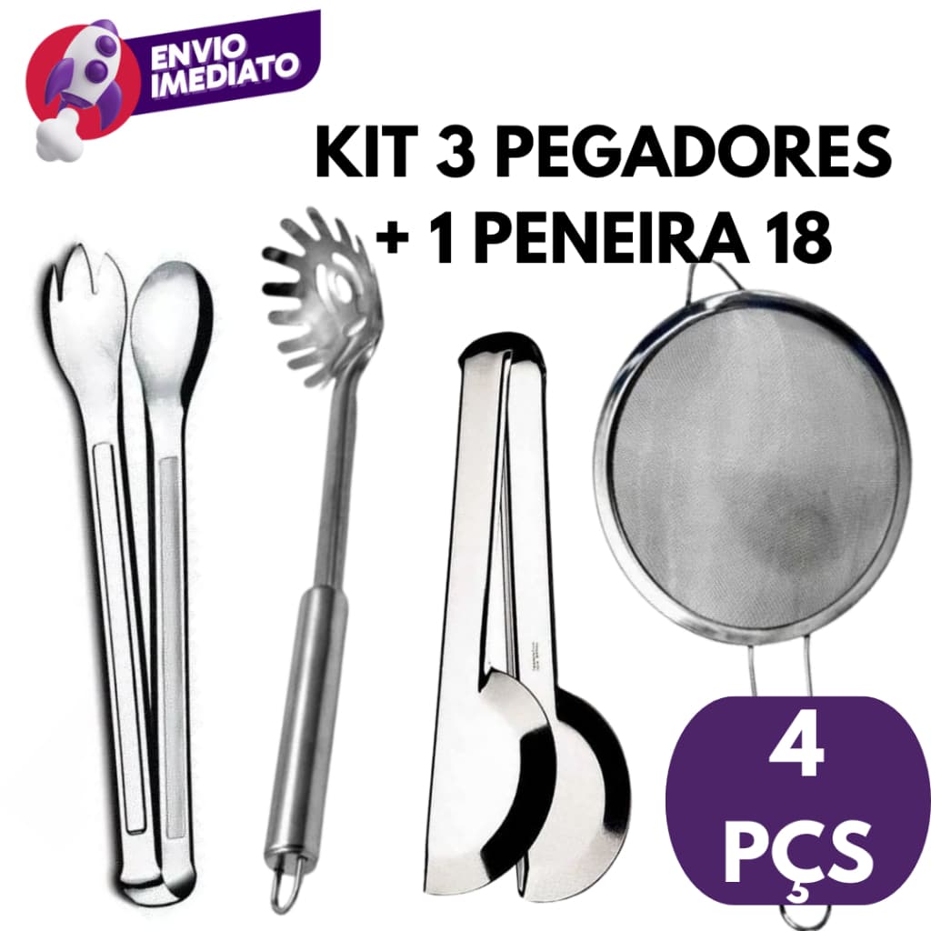 Kit 04 Pç: Pegador Massa + Pegador Salada + Pegador Universal Inox + Peneira 18Cm Jogo Utensilios
