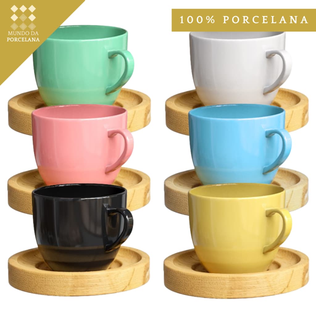 Jogo 6 Xicaras Porcelana Cafe Chá Com Pires Madeira Kit De Xicara Colorido 170ml