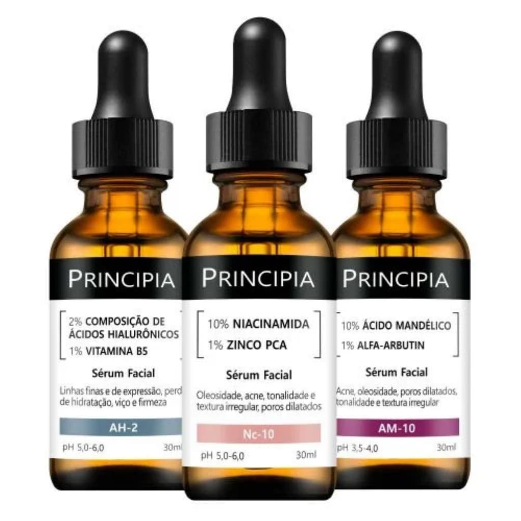 Principia Kit Trio Hidratação e Anti Manchas c/ Sérum Niacinamida Nc-10 + Mandélico AM-10 + Ácidos Hialurônicos AH-2