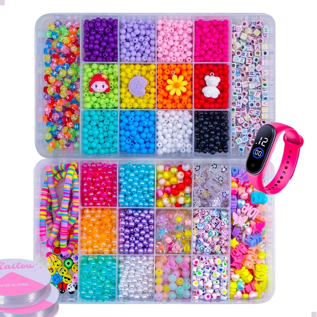 Maleta de Miçangas Kit Completo Infantil 10mil Pçs P Montar Pulseiras Colar Coloridas