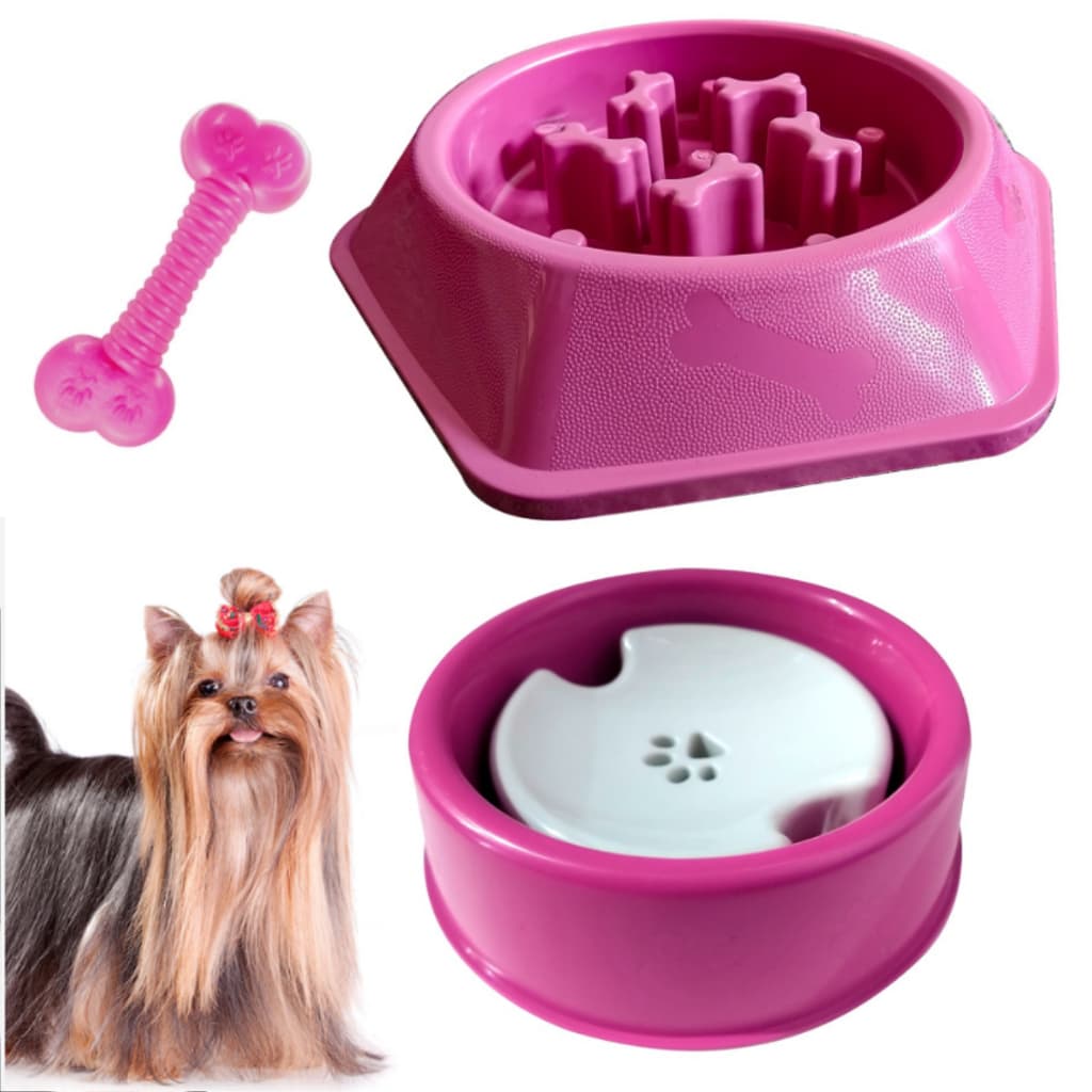 Kit Comedouro Lento E Bebedouro Para Pelos Longos Pet Cachorro Cães + Ossinho/Osso
