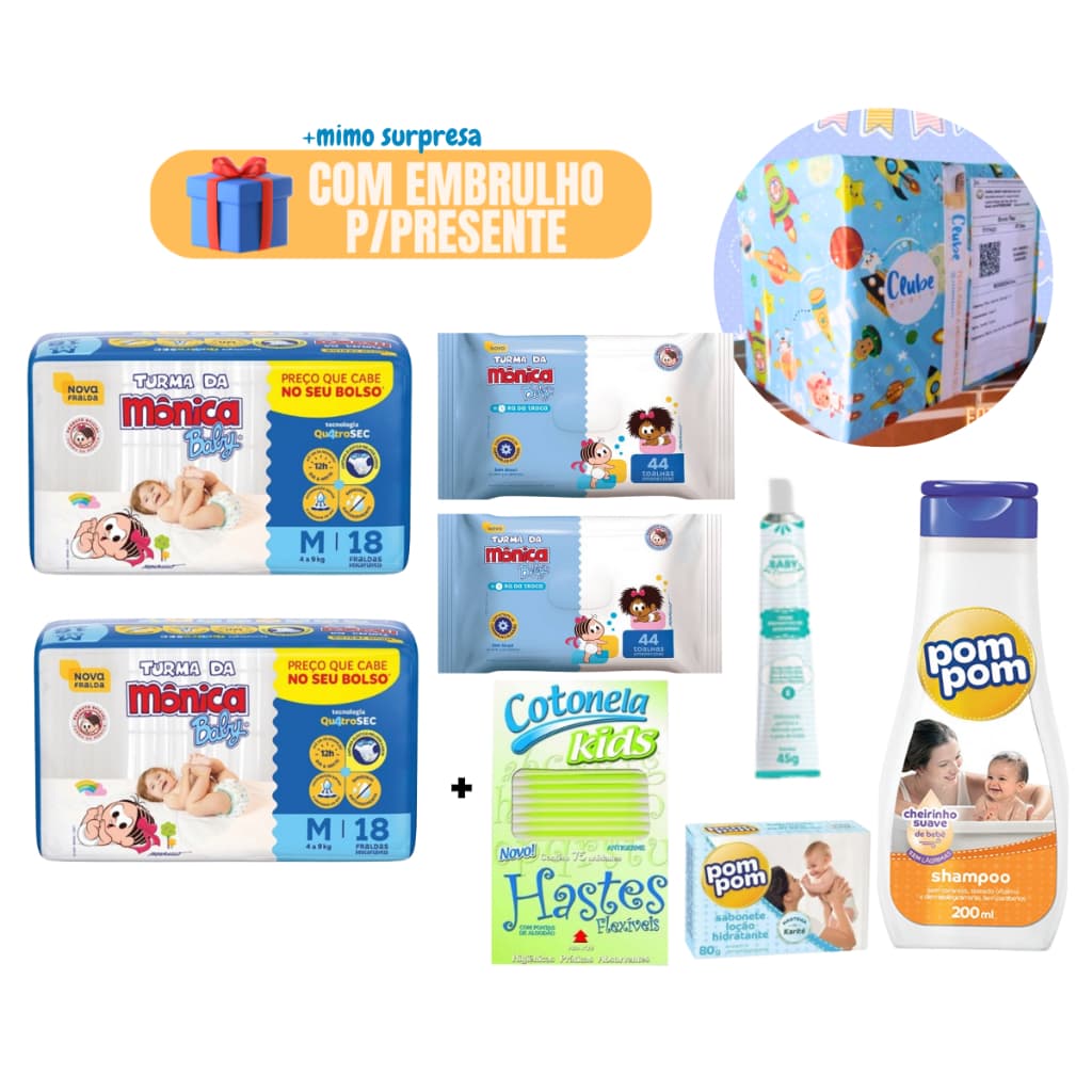 Kit Chá De Bebê Presente Higiene Com Fralda Huggies Lenços Shampoo Pompom e Embrulho