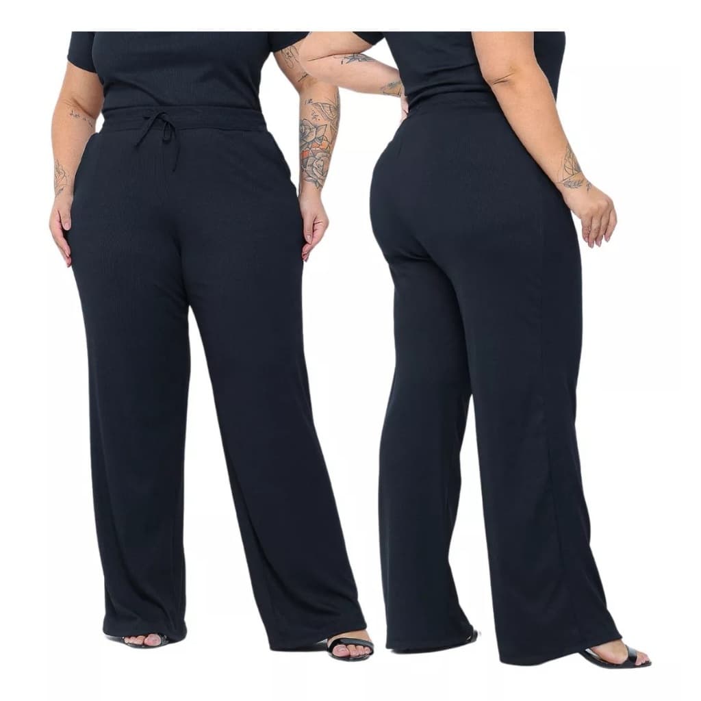 Calça Plus Size Pantalona Larga Cintura Alta Alta Elasticidade Wide Leg Tecido Ribaninha Premium