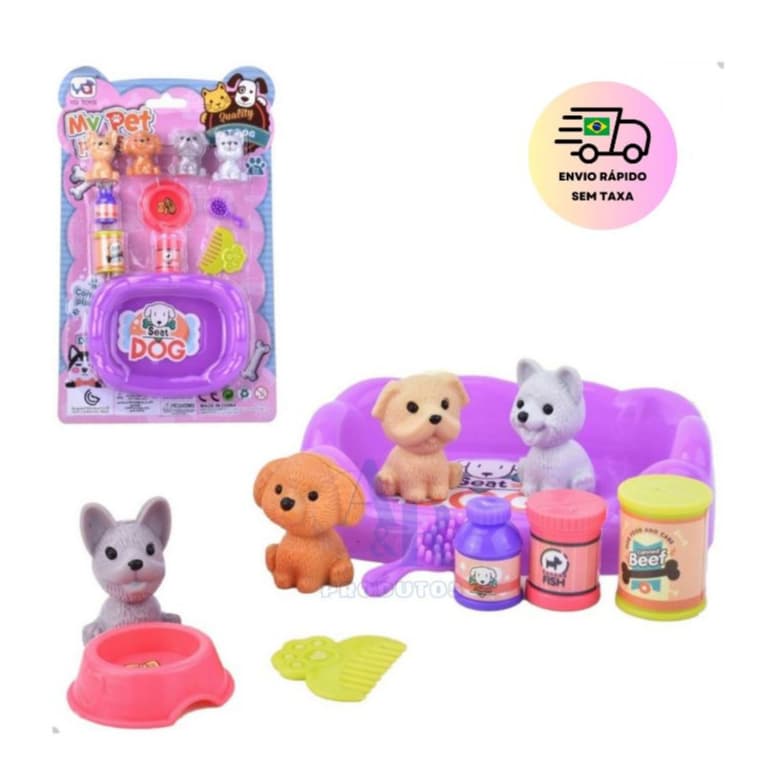 Kit Brinquedo Pet Shop Cachorrinho Infantil Miniatura com Acessórios 11 Peças